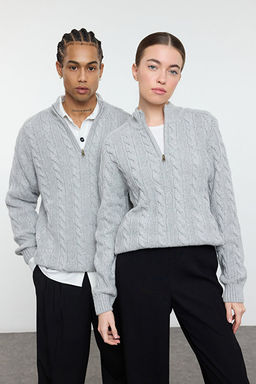 Gri Unisex Fermuarl_ Yar_m Bal_k__ Sa_ _rg_ Triko Kazak TMNAW21KZ0737