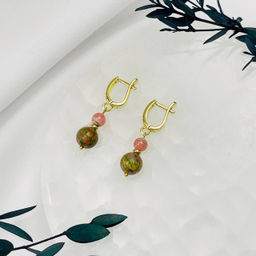 Серьги двойные из Унакита и Родохрозита
