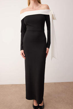 Siyah-Beyaz Fiyonk Detayl? Orme Krep Maxi Astars?z S?k/Gece Elbise TPRAW26EL00106 - Trendyolmilla фото 5