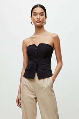 Siyah Slim Fit Straplez Crop Dokuma Yelek TWOAW24YE00034
