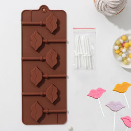 Цена за 3 шт. Форма для леденцов Доляна Поцелуй, силикон, 24?9.4?1.5 см, 6 ячеек (4?2.4 см), с палочками, коричневая