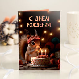 Открытка 4 шоколадки С днём рождения! (белочка с тортом)