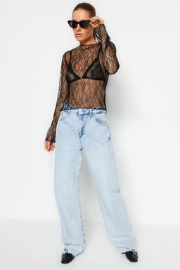 Siyah Regular Fit Kay?k Yaka Dantel Esnek Orme Bluz TWOSS23BZ00795