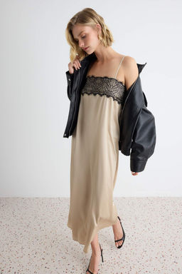 Bej Dantel Detayl_ Ask_l_ Straplez Shift/D_z Kesim Maxi Dokuma Elbise TWOAW27EL00038