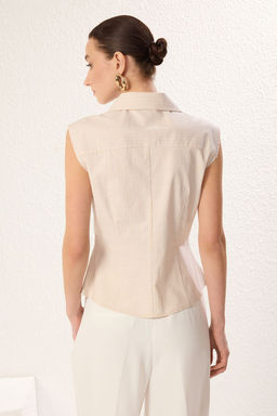 TRENDYOLMILLA Bej Kolsuz Cizgili Ceket Formda Belden Oturan Dokuma Gomlek TWOSS25GO00088 фото 6