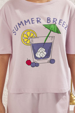 Trendyolmilla Lila %100 Pamuklu Yaz Temal? F?rf?rl? Sortlu Orme Pijama Tak?m? THMSS25PT00147  фото 5