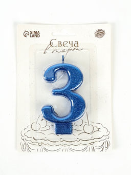 Свеча-цифра "Соло", цифра "3", синий, блеск, 8,2 см