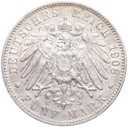 Монета 5 марок 1908 года F Германия (Вюртемберг)