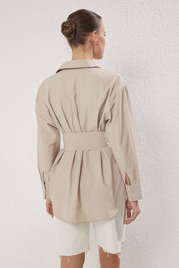 Siyah Kemer Detayl? Oversize Genis Kal?p Dokuma Gomlek TWOAW25GO00025