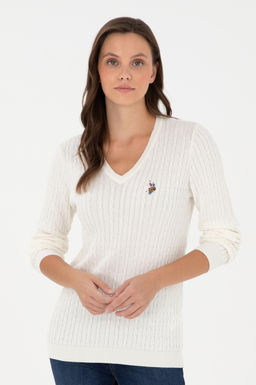 Женский базовый свитер цвета экрю с v-образным вырезом Неожиданная скидка в корзине