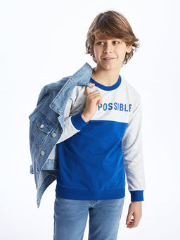Bisiklet Yaka Bask?l? Uzun Kollu Erkek ?ocuk Sweatshirt