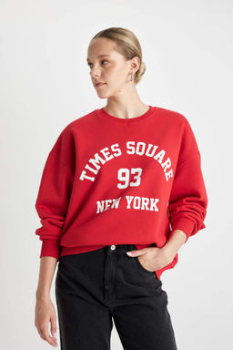 Толстовка из плотной ткани свободного кроя с круглым вырезом и принтом - Defacto фото 3