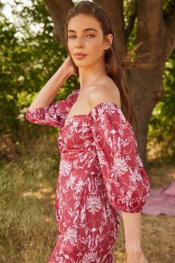 Bordo Duz Kesim Mini Pamuklu Kalp Yaka Desenli Dokuma Elbise TWOSS23EL00284