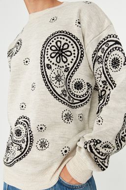 Trendyolmilla Man Bej Oversize Sal Desenli Bisiklet Yaka Triko Kazak TMNAW23KZ00104  фото 4