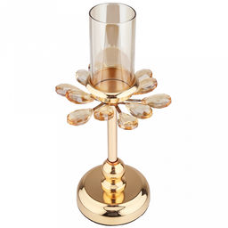 Подсвечник металлический "Аурелия" h28см, чаша с колбой стекло д5см, h10см, нескользящее основание д10см, золотой/янтарный, в коробке (Китай)