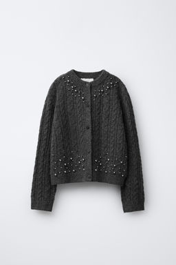 CABLE-KNIT CARDIGAN WITH FAUX PEARLS