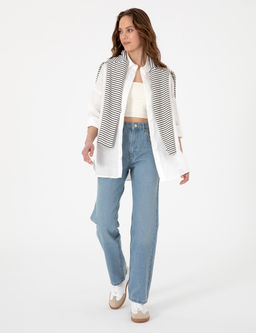 Beyaz Oversize Uzun Kollu %100 Keten G_mlek