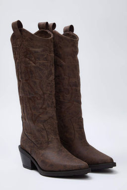 Kahverengi Islemeli Efektli Kad?n 6 cm Blok Topuklu Kovboy Cizme TAKAW26CZ00013