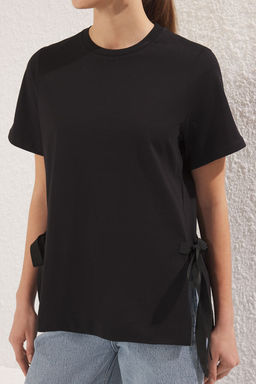 TRENDYOLMILLA Beyaz %100 Pamuk Yan Baglama Detayl? Relaxed/Rahat Kesim Orme T-Shirt TWOSS25TS00074  фото 8