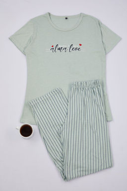 Trendyolmilla Mint Slogan Bask?l? Cizgili Orme Pijama Tak?m? THMSS24PT00251  фото 16