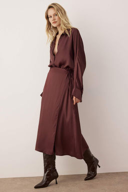 Vucut Secmeyen Kahverengi Baglama Detayl? Dokuma Saten Midi Etek TWOAW26ET00121 - Trendyolmilla фото 3