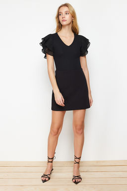 Siyah Kollar? Tul Detayl? Fitted/Vucuda Oturan V yaka Esnek Orme Bluz TWOSS24BZ00029 - Trendyolmilla фото 3