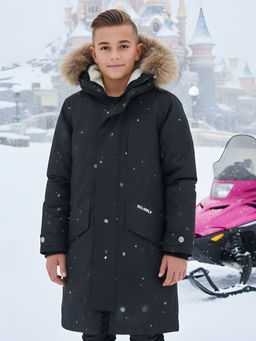 Парка зимняя подростковая для мальчика с капюшоном и мехом черного цвета 9535Ch - Valianly фото 19