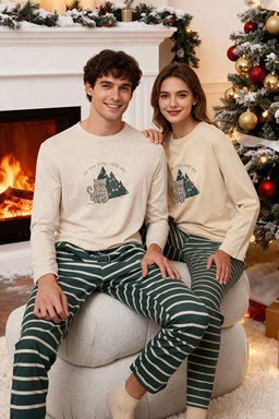 Erkek Bej _izgili Regular Fit Couple Y_lba__ _rme Pijama Tak_m_ TMNAW25PT00045 - Trendyolmilla фото 2