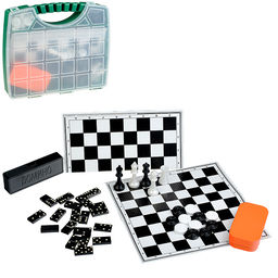 Набор из 3 игр "Походный-малый" в чемоданчике (шахматы обиходные пластик,домино, шашки + 2 доски)