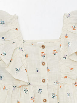 Kare Yaka ?i?ek Desenli K?z Bebek Elbise