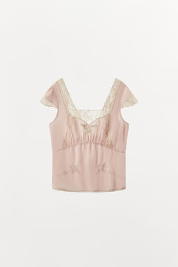 TOP SATINADO ENCAJE BORDADOS / Rosa pastel - Zara фото 5
