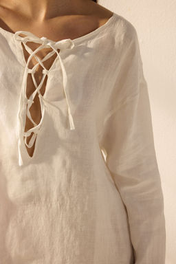 TRENDYOLMILLA Beyaz Mini Dokuma %100 Keten Baglamal? Plaj Elbisesi TBESS25EL00104  фото 4