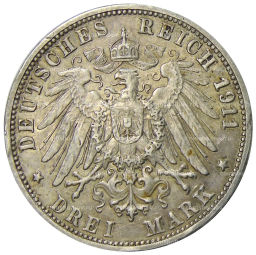 3 марки 1911 года F Германия (Вюртемберг)  25 лет свадьбе Вильгельма II и Шарлотты