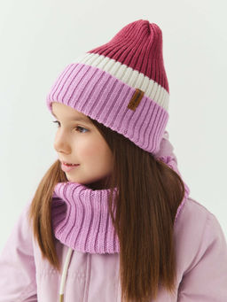 Шапка тыква из смесовой шерсти однослойная Колор блок "Брусника"