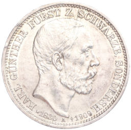 Монета 3 марки 1909 года A Германия (Шварцбург-Зондерсгаузен) Смерть Карла Гюнтера