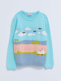 Bisiklet Yaka Desenli Uzun Kollu K?z ?ocuk Triko Kazak