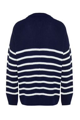 TRENDYOL MAN Vizon Casual Oversize Polo Yaka Cizgili Triko Kazak TMNAW24KZ00018 - Trendyolmilla фото 9