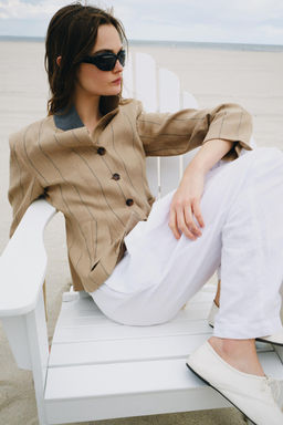 BLAZER RAYAS COMBINADA CON LINO ZW COLLECTION / Camel medio - Zara фото 6