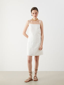 Kare Yaka %100 Keten Mini Elbise