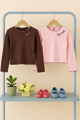 Ekru-Visne K?rm?z? 100% Pamuk 2li Nak?sl? Regular Fitilli Orme K?z Cocuk T-Shirt TKDAW26TS00011 - Trendyolmilla фото 9