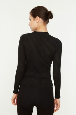 Siyah Dik Yaka Fitilli Esnek Fitted/Vucuda Oturan Orme Bluz TWOAW20BZ0200