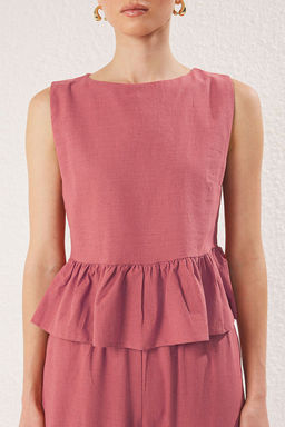 Pembe Keten Gorunumlu Bisiklet Yaka Bluz ve Pantolon Dokuma Alt-Ust Tak?m TWOSS25AU00081