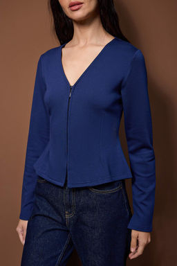 Lacivert Soft Touch V Yaka Fermuarl? Regular/Normal Kesim Orme Bluz TWOAW26BZ00180