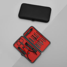 Набор маникюрный, 11 предметов, в футляре, в картонной коробке, цвет чёрный/красный