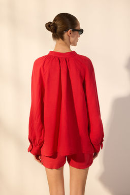 TRENDYOLMILLA K?rm?z? %100 Keten Hakim Yaka Gomlek TWOSS25GO00134 фото 4