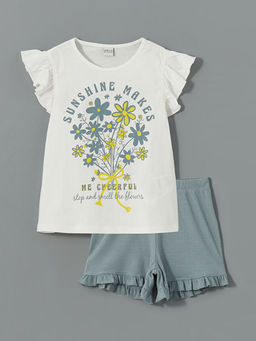 Bisiklet Yaka Bask?l? K?z ?ocuk Ti??rt ve ?ort