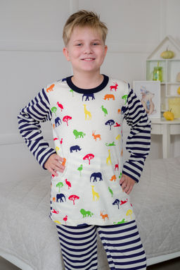 Пижама детская из джемпера и брюк без манжет из интерлока Сафари темно-синий полоса