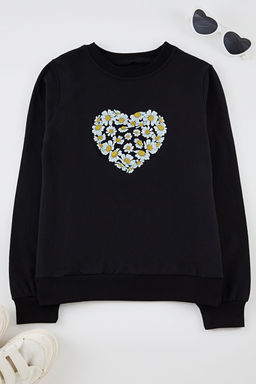 Siyah K?z Cocuk Kalp Orme Sweatshirt TKDAW25SW00093
