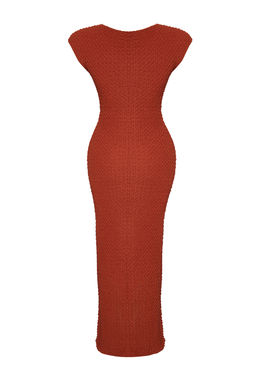 Kiremit Dokulu Kumas Fitted/Vucuda Oturan Ay Kol Esnek Orme Midi Kalem Elbise TWOSS24EL00103