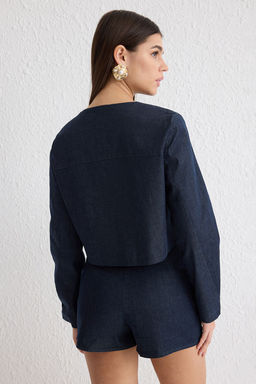 Lacivert Dugme Detayl? Crop Denim Ceket TWOSS25CE00011 - Trendyolmilla фото 5